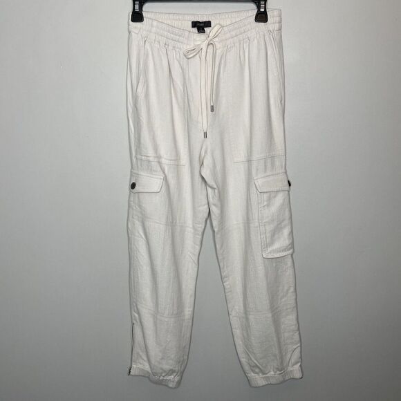 J CREW Pants Womens 2 Tie-Waist Linen-Blend Cargo NEW Ivory Ankle-Zip BG122 - Picture 1 of 13